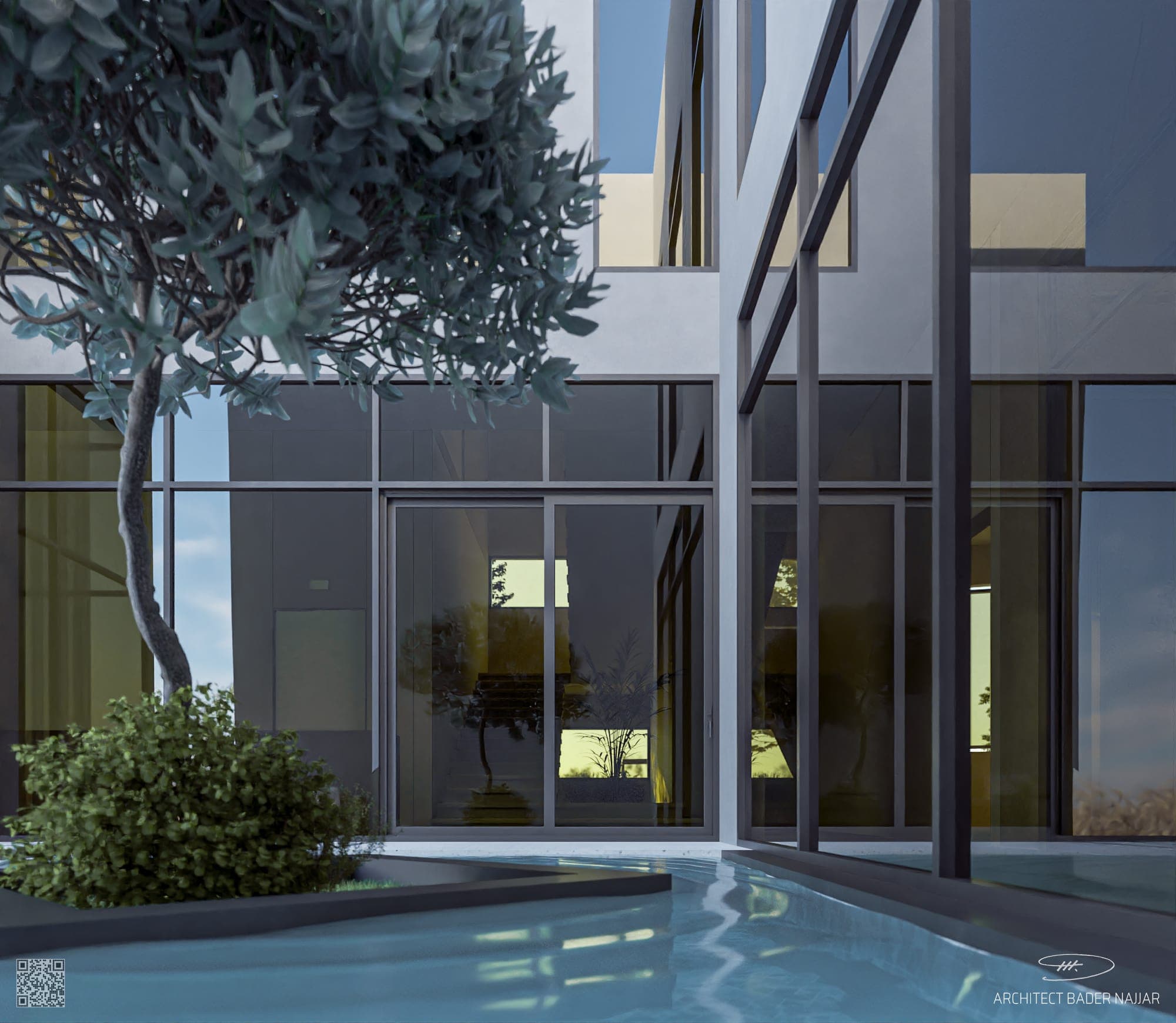 The Courtyard Villa. A glass-and-stone private residence arranged around a planted courtyard and reflecting pool: architecture that turns inward to create its own oasis.